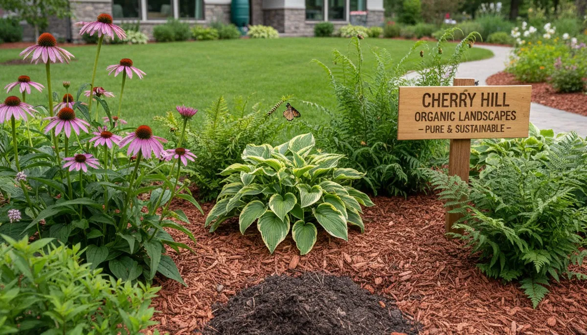 Organic landscape beds with lush plantings and mulch in Cherry Hill, NJ by Chop Chop Landscaping