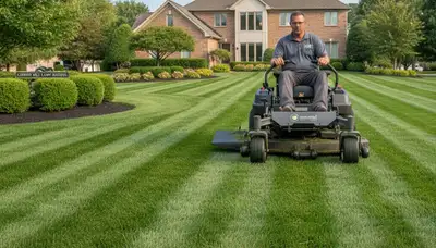 Commercial mower creating precise lawn stripes during professional mowing in Cherry Hill, NJ