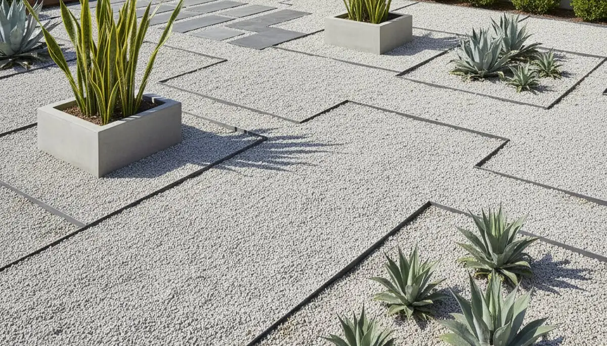 Contemporary pea gravel landscape with clean lines and modern plants in Cherry Hill, NJ