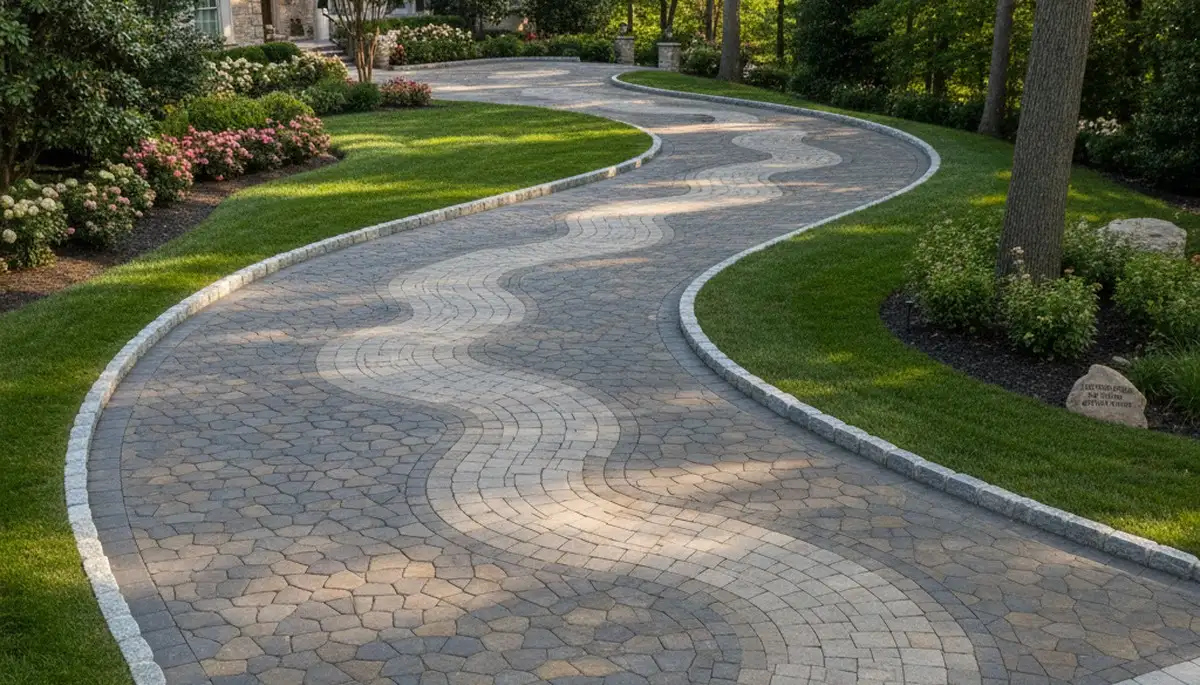 Curved paver driveway installation by professional landscapers in Cherry Hill, NJ