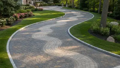 Curved paver driveway installation by professional landscapers in Cherry Hill, NJ