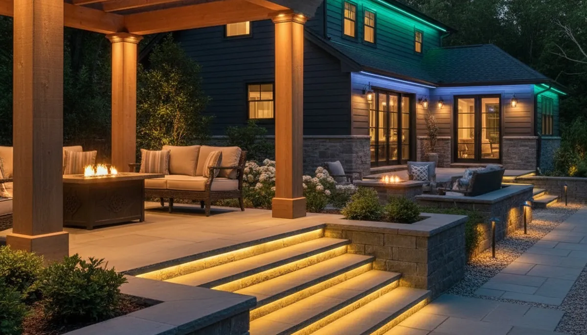 Deck and patio lighting with post cap and step lights by Cherry Hill, NJ landscaping experts
