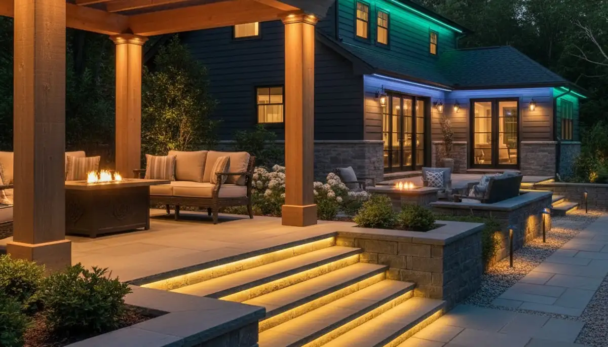 Deck and patio lighting with post cap and step lights by Cherry Hill, NJ landscaping experts