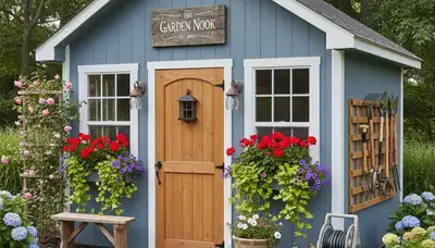 Decorative garden shed with professional landscaping in Cherry Hill, NJ by Chop Chop Landscaping