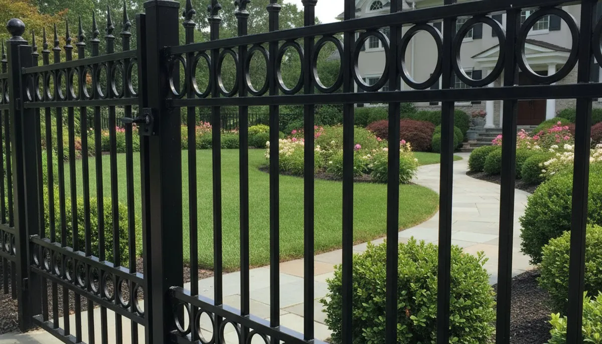 Black ornamental metal fence with decorative design by Chop Chop Landscaping in Cherry Hill, NJ