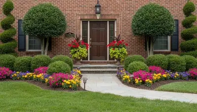 Front yard landscaping with colorful shrubs and flowers enhancing curb appeal in Cherry Hill, NJ