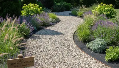 Pea gravel garden pathway with lush landscaping in Cherry Hill, NJ by Chop Chop Landscaping