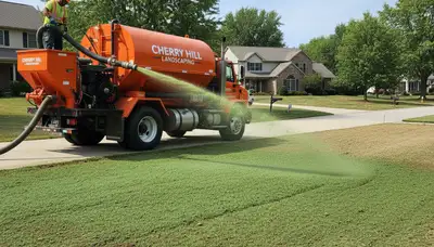 Hydroseeder truck spraying grass slurry on lawn in Cherry Hill, NJ by Chop Chop Landscaping