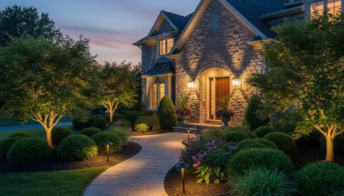 Dusk landscape lighting highlighting garden and architecture on Cherry Hill NJ property by Chop Chop Landscaping