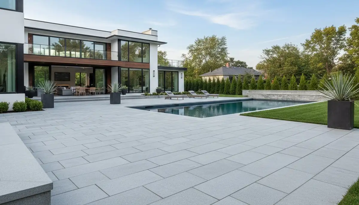 Modern large format stone patio by professional landscapers in Cherry Hill, NJ