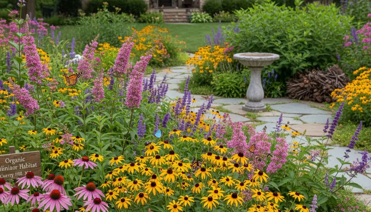 Vibrant native pollinator garden with bee and butterfly plants by organic landscapers in Cherry Hill, NJ