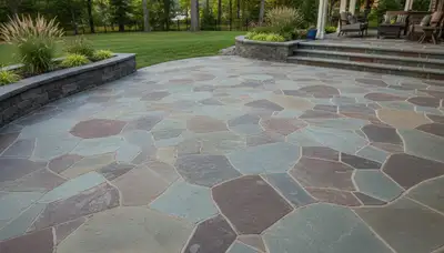 Flagstone patio with natural slate pavers by professional landscapers in Cherry Hill, NJ