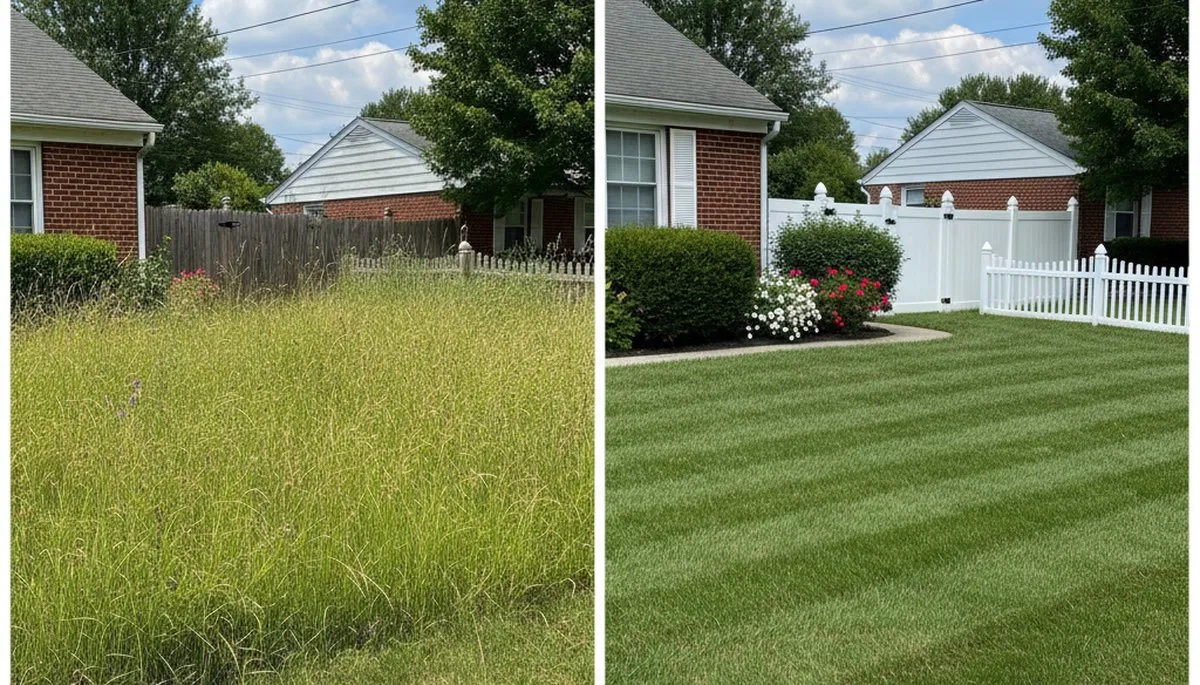 Before and after lawn mowing showing overgrown vs trimmed yard in Cherry Hill, NJ by Chop Chop Landscaping