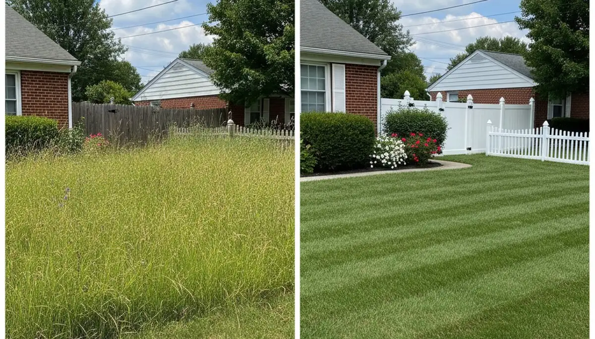 Before and after lawn mowing showing overgrown vs trimmed yard in Cherry Hill, NJ by Chop Chop Landscaping