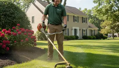 Technician edging residential lawn with string trimmer in Cherry Hill, NJ for precise landscaping finish
