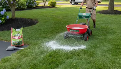 Lawn care technician applying fertilizer with spreader in Cherry Hill, NJ residential yard