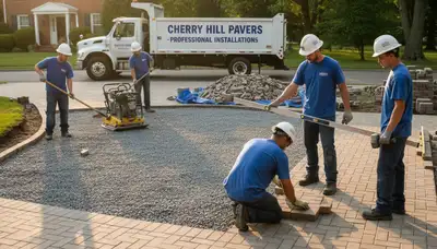 Technicians installing driveway pavers in Cherry Hill, NJ for Chop Chop Landscaping
