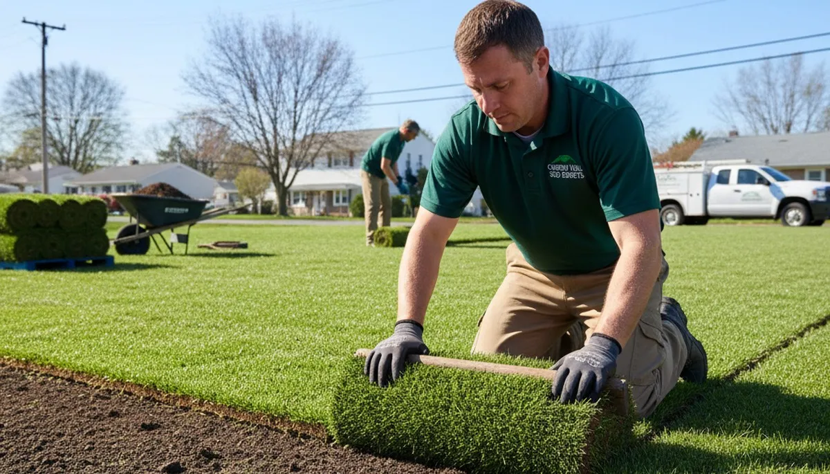 Professional technician installing fresh sod rolls on Cherry Hill NJ lawn for quality landscaping results