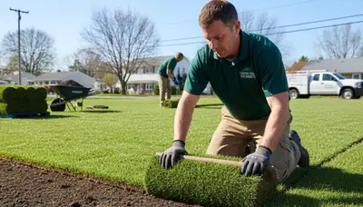 Professional technician installing fresh sod rolls on Cherry Hill NJ lawn for quality landscaping results