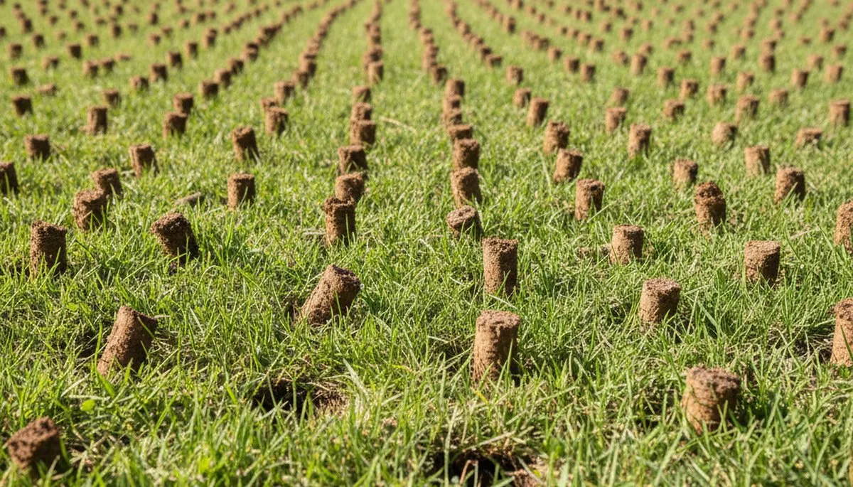Close-up of soil core plugs after professional lawn aeration in Cherry Hill, NJ by Chop Chop Landscaping