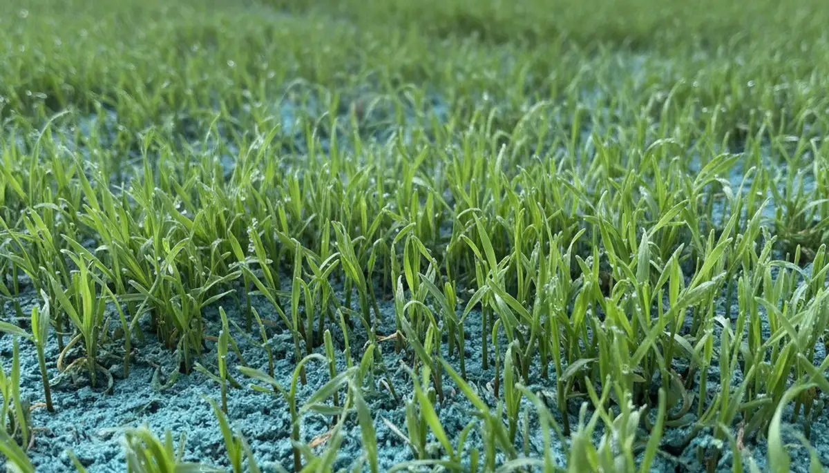 New grass seedlings from hydroseeding showing lush lawn growth in Cherry Hill, NJ landscaping project