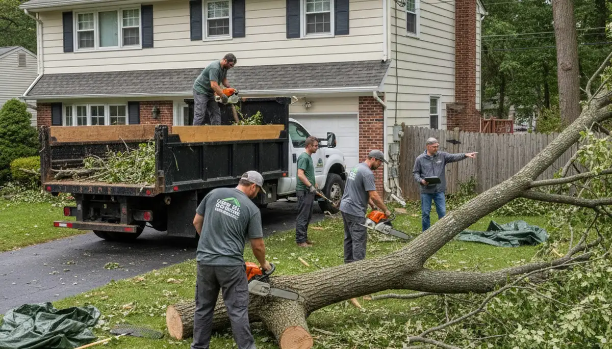 Storm damage yard cleanup by landscaping team in Cherry Hill, NJ removing fallen branches and debris