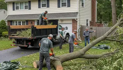 Storm damage yard cleanup by landscaping team in Cherry Hill, NJ removing fallen branches and debris